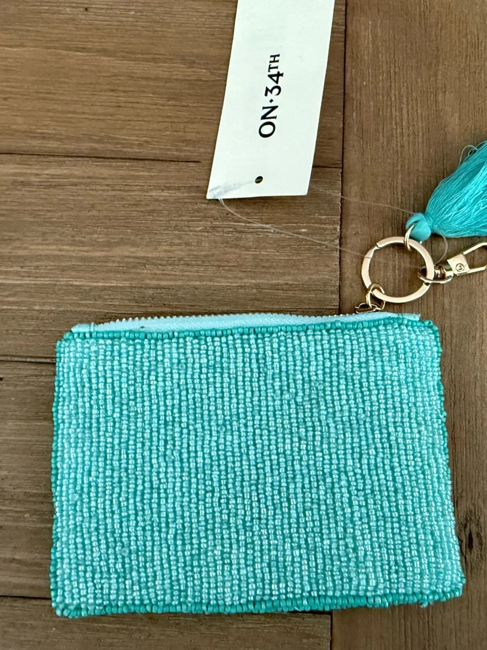 ON 34TH Beaded Coin Purse Turquoise Tassel Keychain Pouch Summer Beach NWT